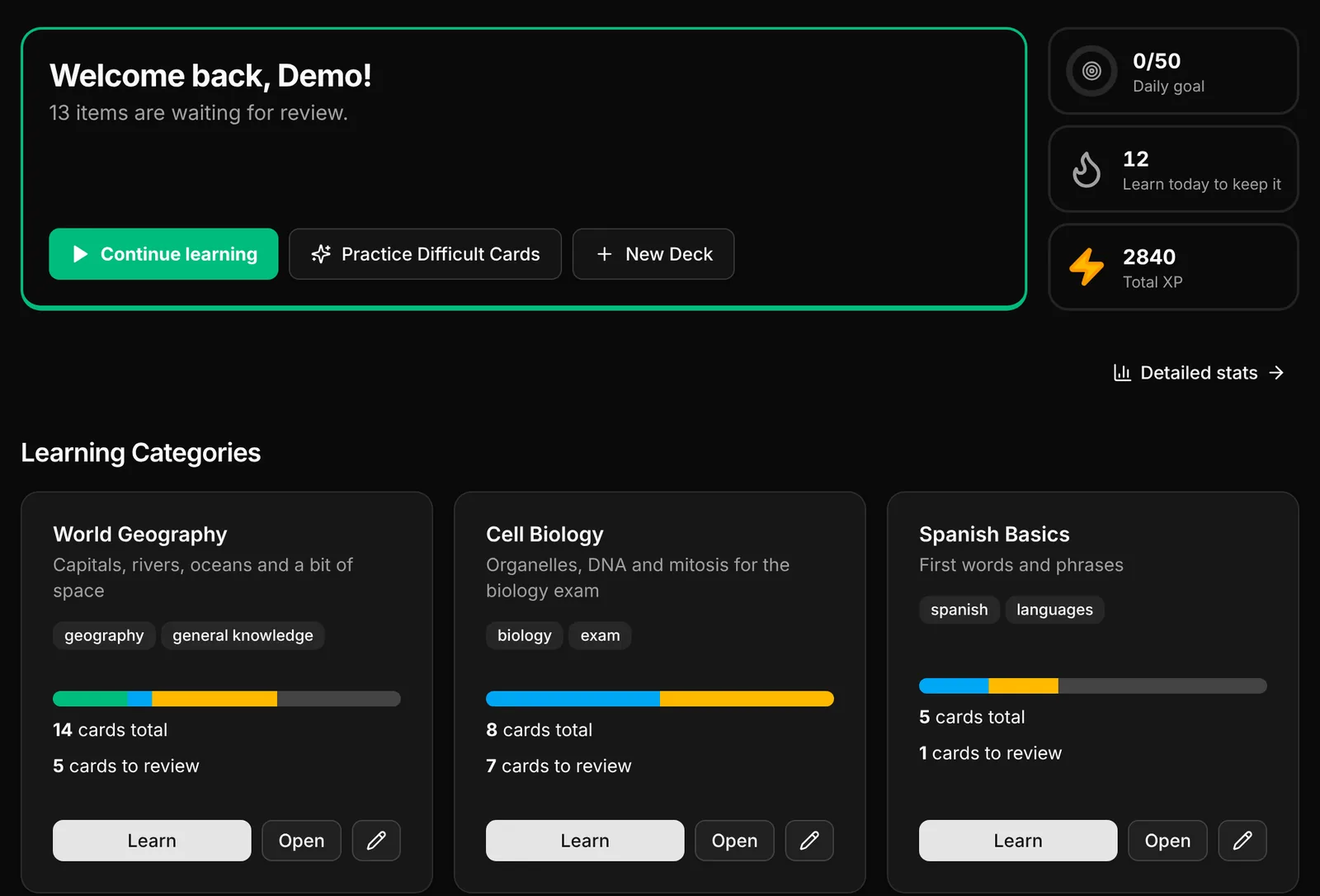Dashboard with streak, daily goal and XP