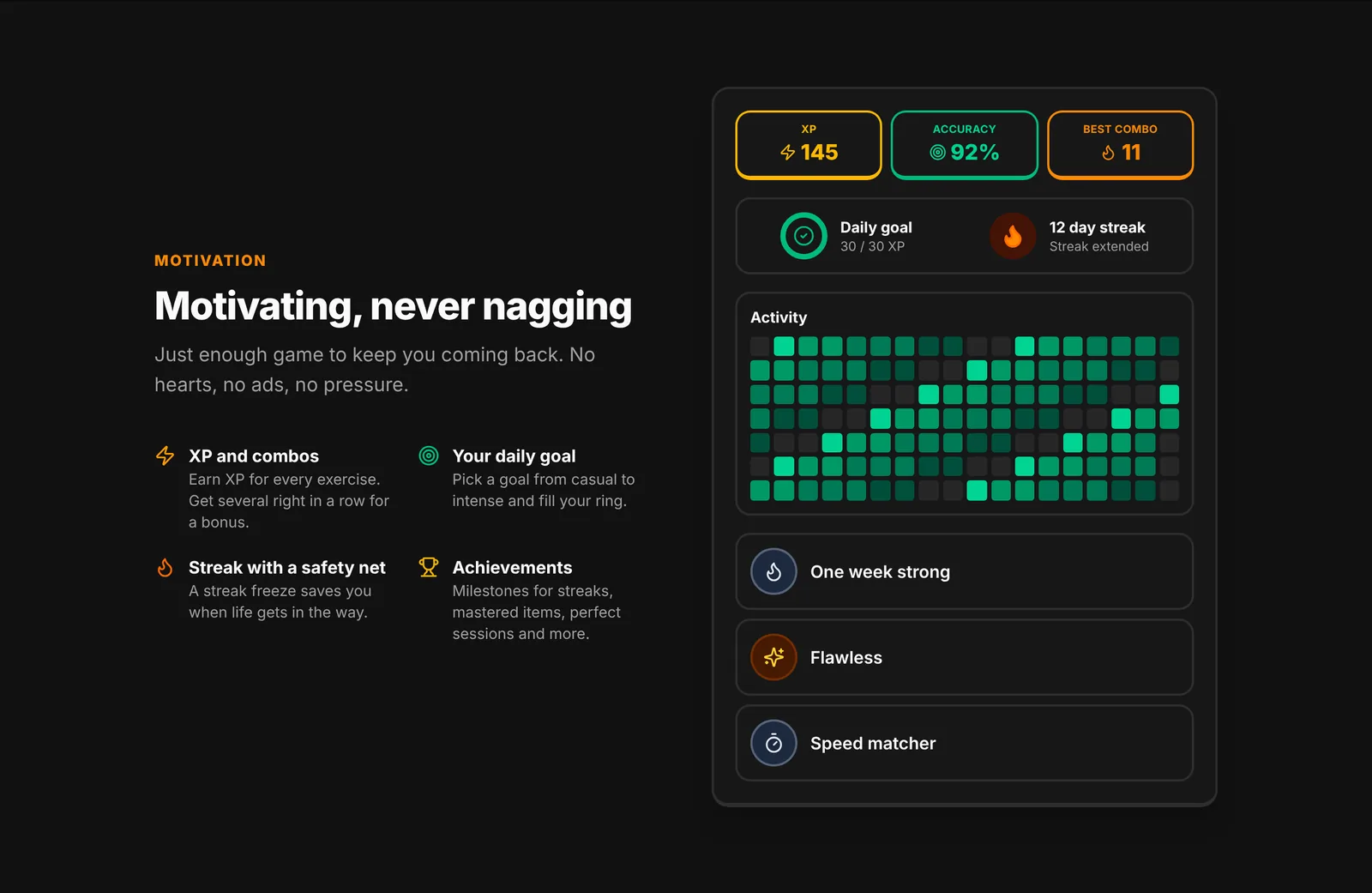 Gamification: XP, daily goal, streak and achievements